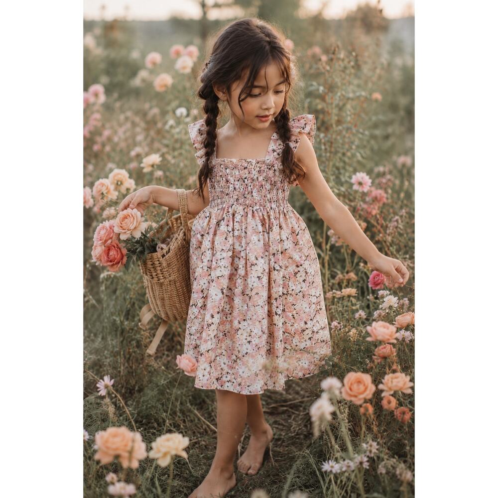 Gathering Wildflowers Earthy Floral Print Floaty Smocked Dress 7/8